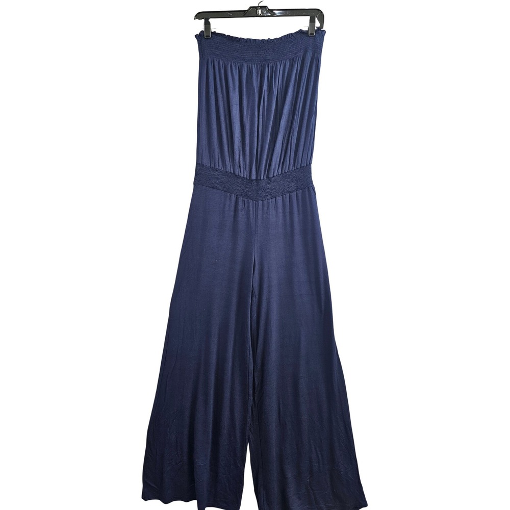 Rolla Coaster set of 2 Jumpsuits Women L Blue Black Strapless Smocked Wide Leg‎